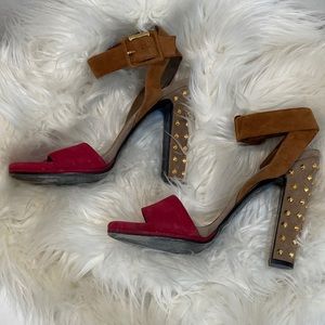 Gucci Tricolor Suede Madison Spike Embellished Heel Ankle Wrap Open Toe Sandals